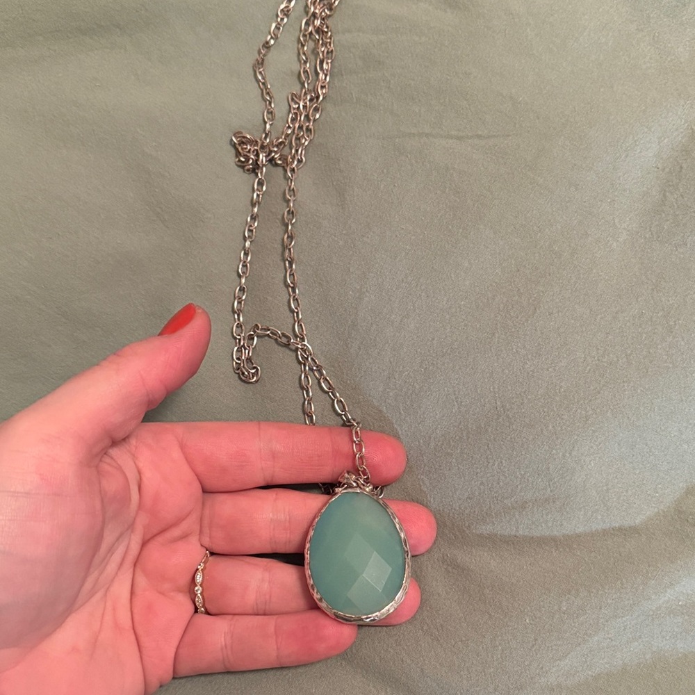 Stella & Dot Silver Necklace with Green Pendant